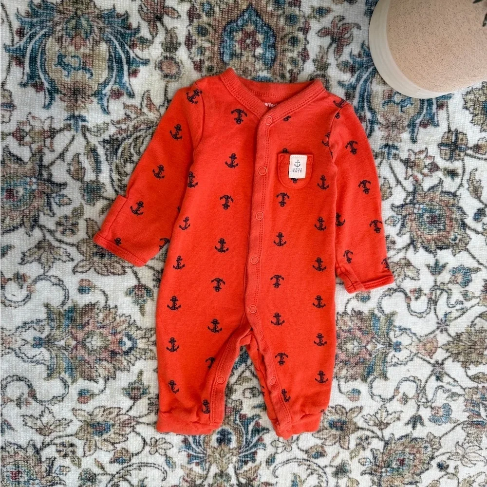 Y2K Carter’s Newborn Nautical Anchor Print Button Snap Romper One Piece Footless
